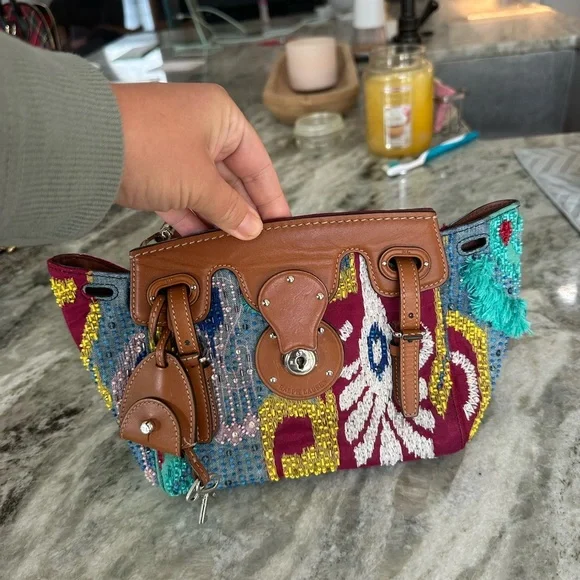 Ralph Lauren MINI SOFT RICKY EMBELLISHED TOP HANDLE BAG IN NAVY MULTI NWT - Picture 7 of 10